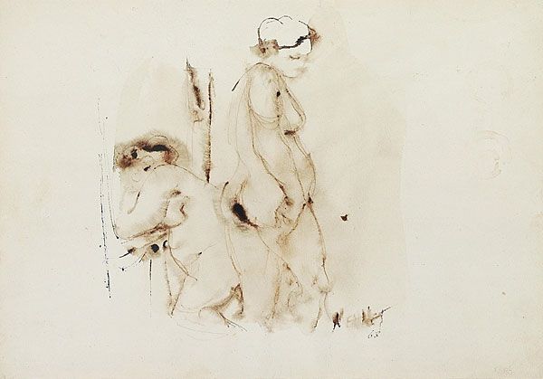 
                  Two Woman Inside, 1963, Tube-tip drawing on watercolor paper, sepia, 35 x 50 cm        