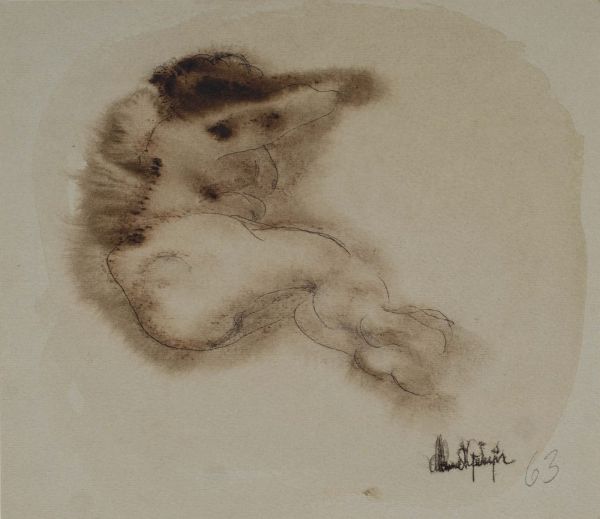 
                  Untitled, 1963, Tube-tip drawing on watercolor paper, sepia, 17 x 19 cm        