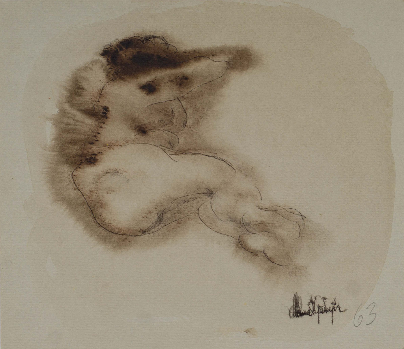 &Untitled&, 1963, Suluboya kağıdı üzerine tüp ucu ile çizim, sepia, 17 x 19 cm