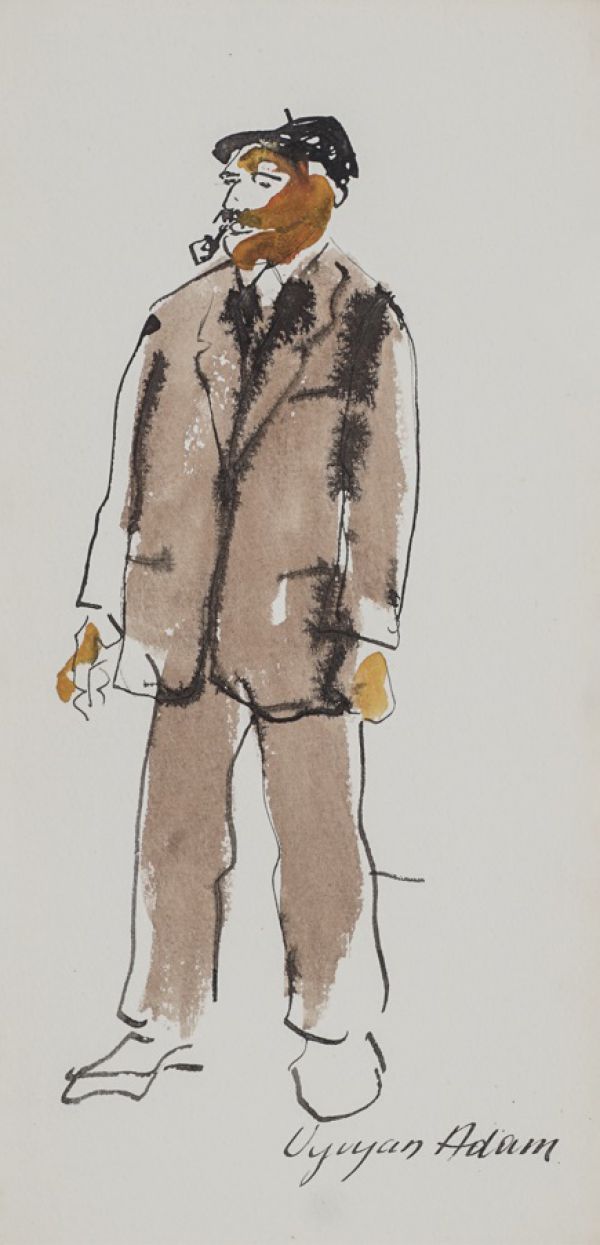 
                  Tiyatro Kostüm Tasarımı, 1965, Ecoline on paper, 24,5 x 12 cm        