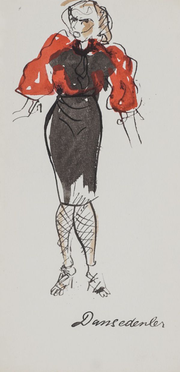 
                  Tiyatro Kostüm Tasarımı, 1965, Ecoline on paper, 24,5 x 12 cm        