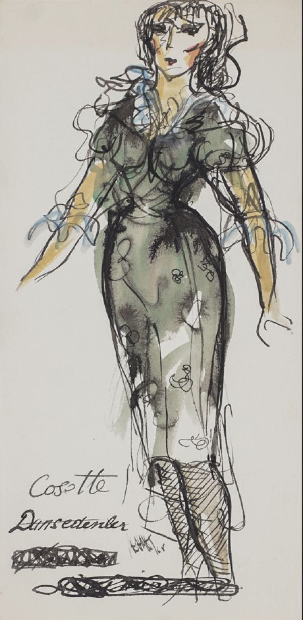 
                  Tiyatro Kostüm Tasarımı, 1965, Ecoline on paper, 24,5 x 12 cm        
