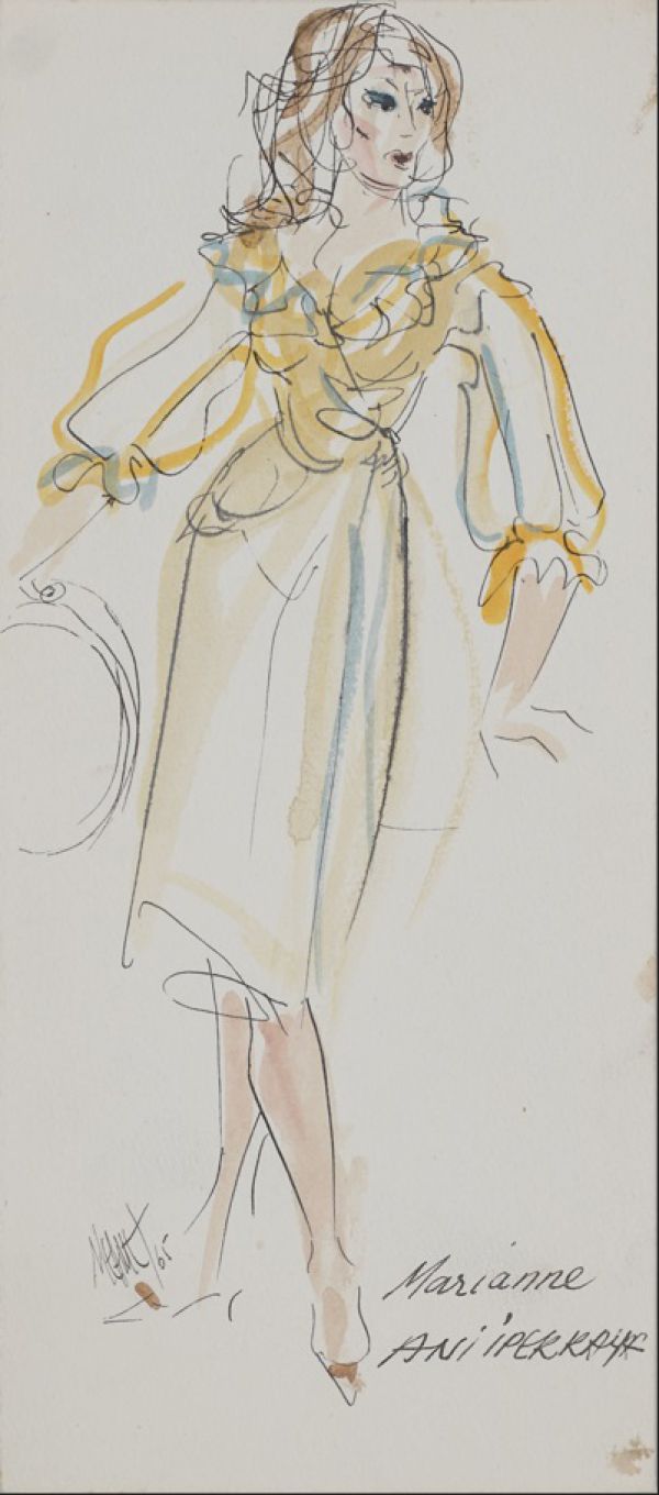 
                  Tiyatro Kostüm Tasarımı, 1965, Ecoline on paper, 24,5 x 11 cm        