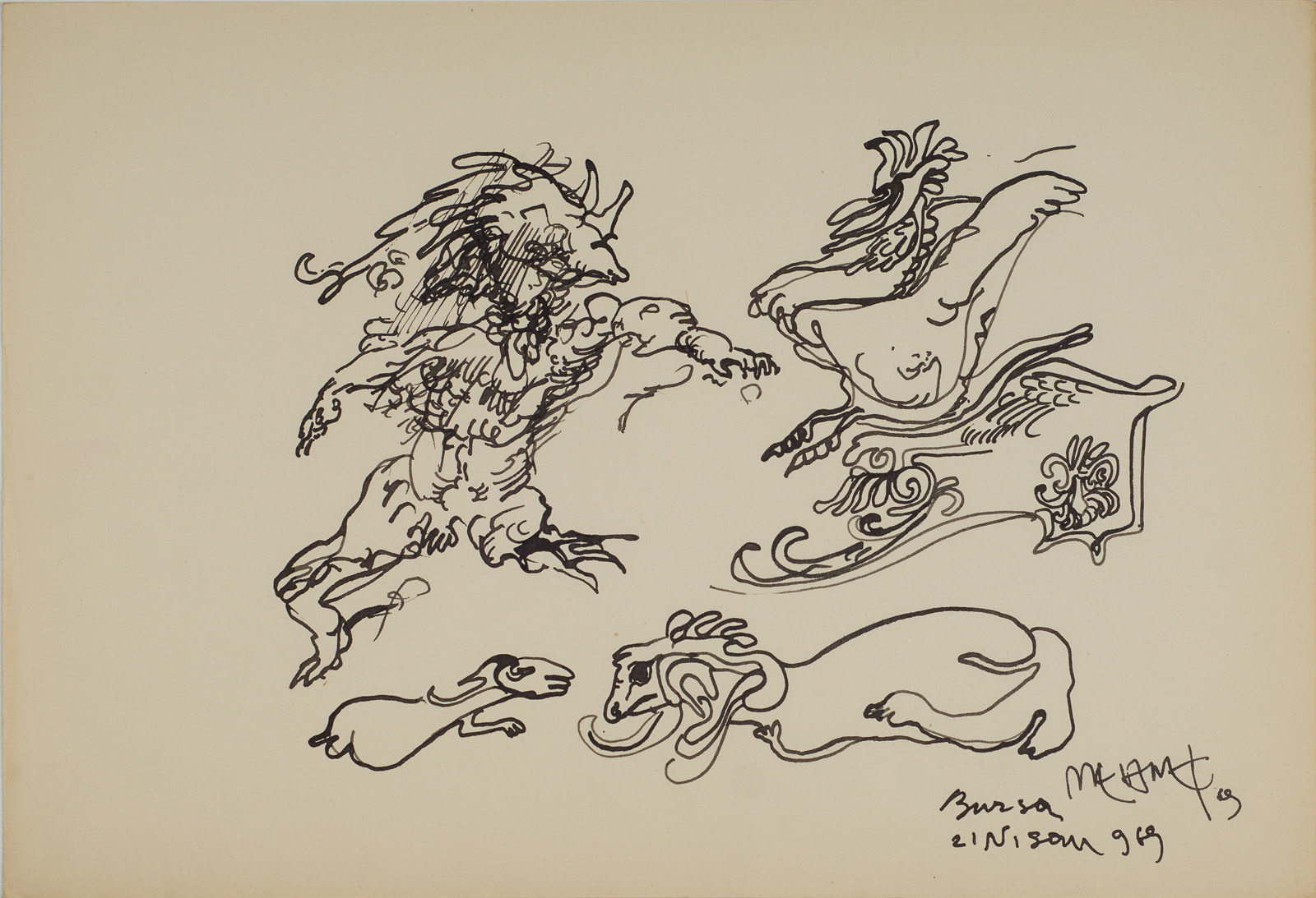 &21 April 1969 Bursa&, 1969, Kağıt üzerine çini, bambu kalem, 25 x 36 cm