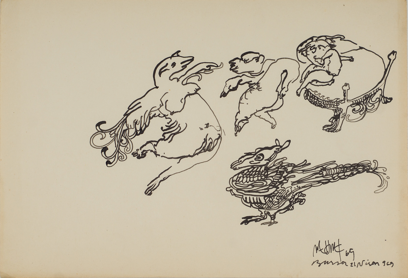 &21 April 1969 Bursa&, 1969, Kağıt üzerine çini, bambu kalem, 25 x 36 cm