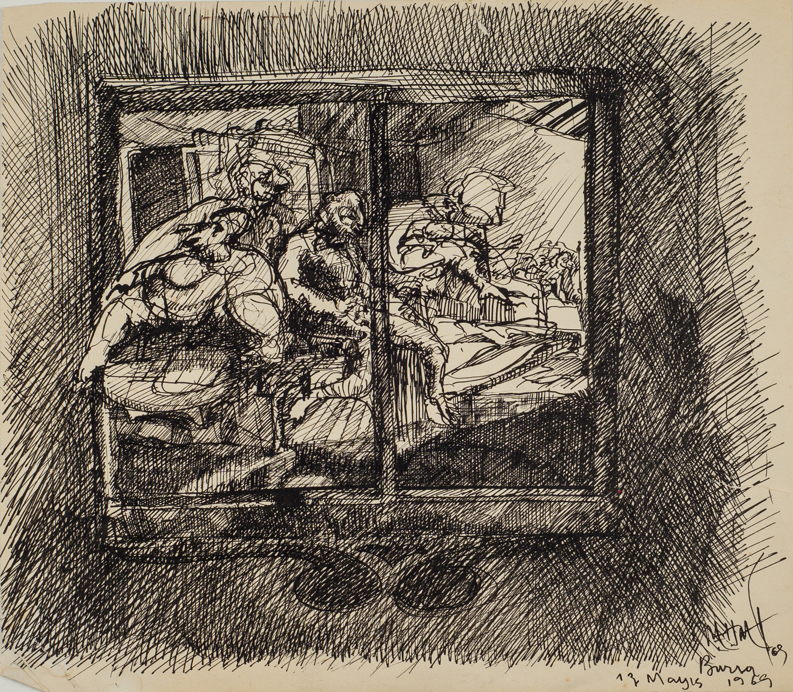 &13 May 1969 Bursa&, 1969, Kağıt üzerine tarama ucu, siyah çini mürekkebi, 28,5 x 25 cm