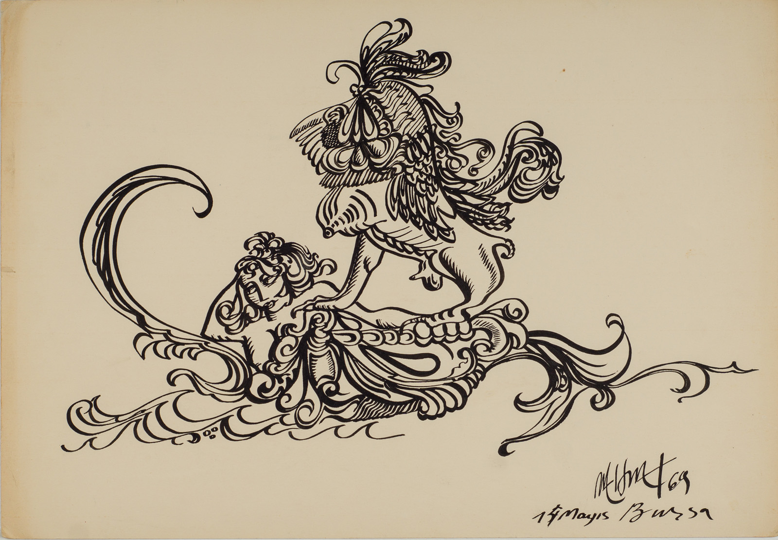 &14 May 1969 Bursa&, 1969, Kağıt üzerine çini, bambu kalem, 25 x 36 cm