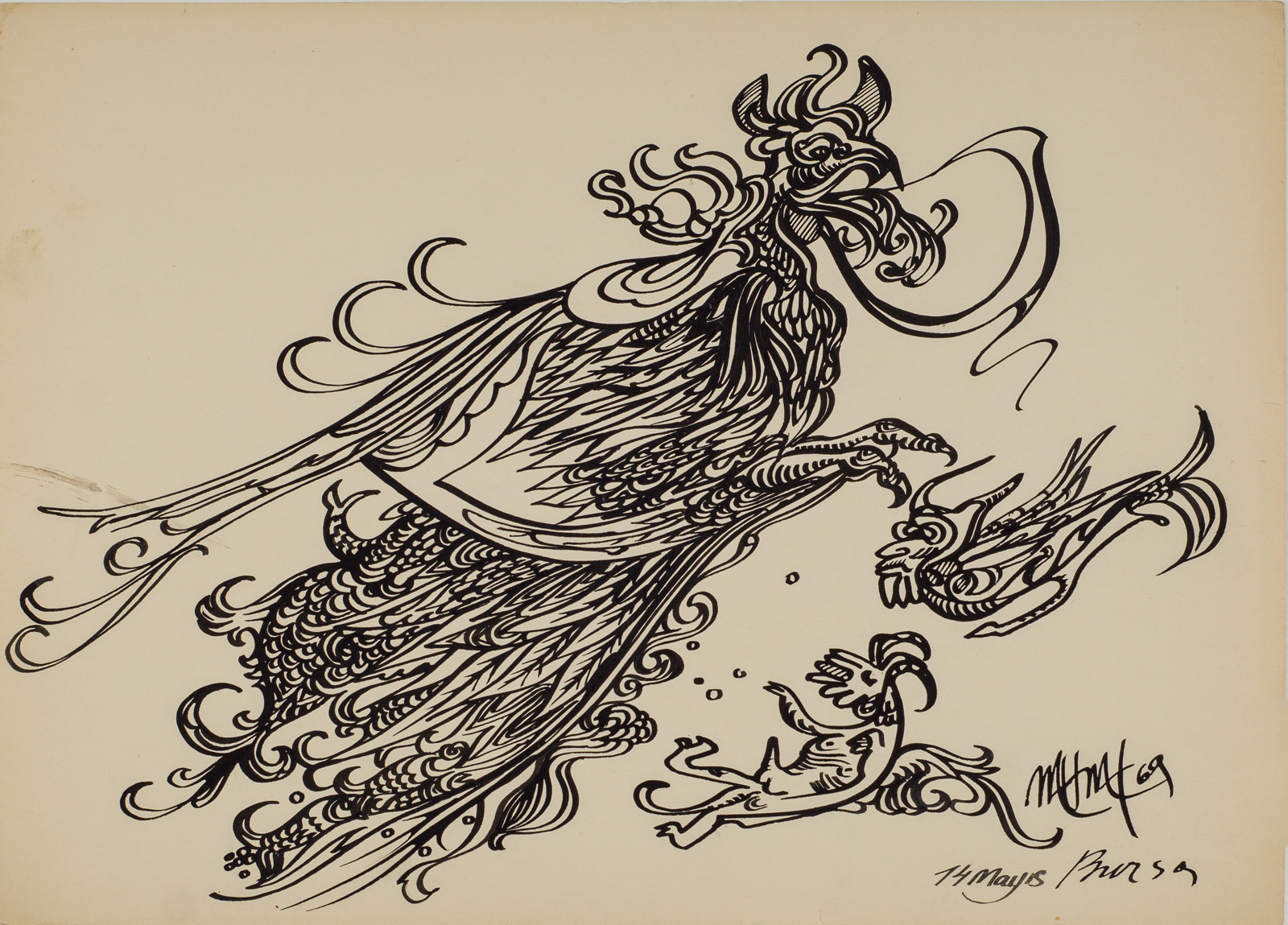 &14 May 1969 Bursa&, 1969, Kağıt üzerine çini, bambu kalem, 25 x 34,7 cm