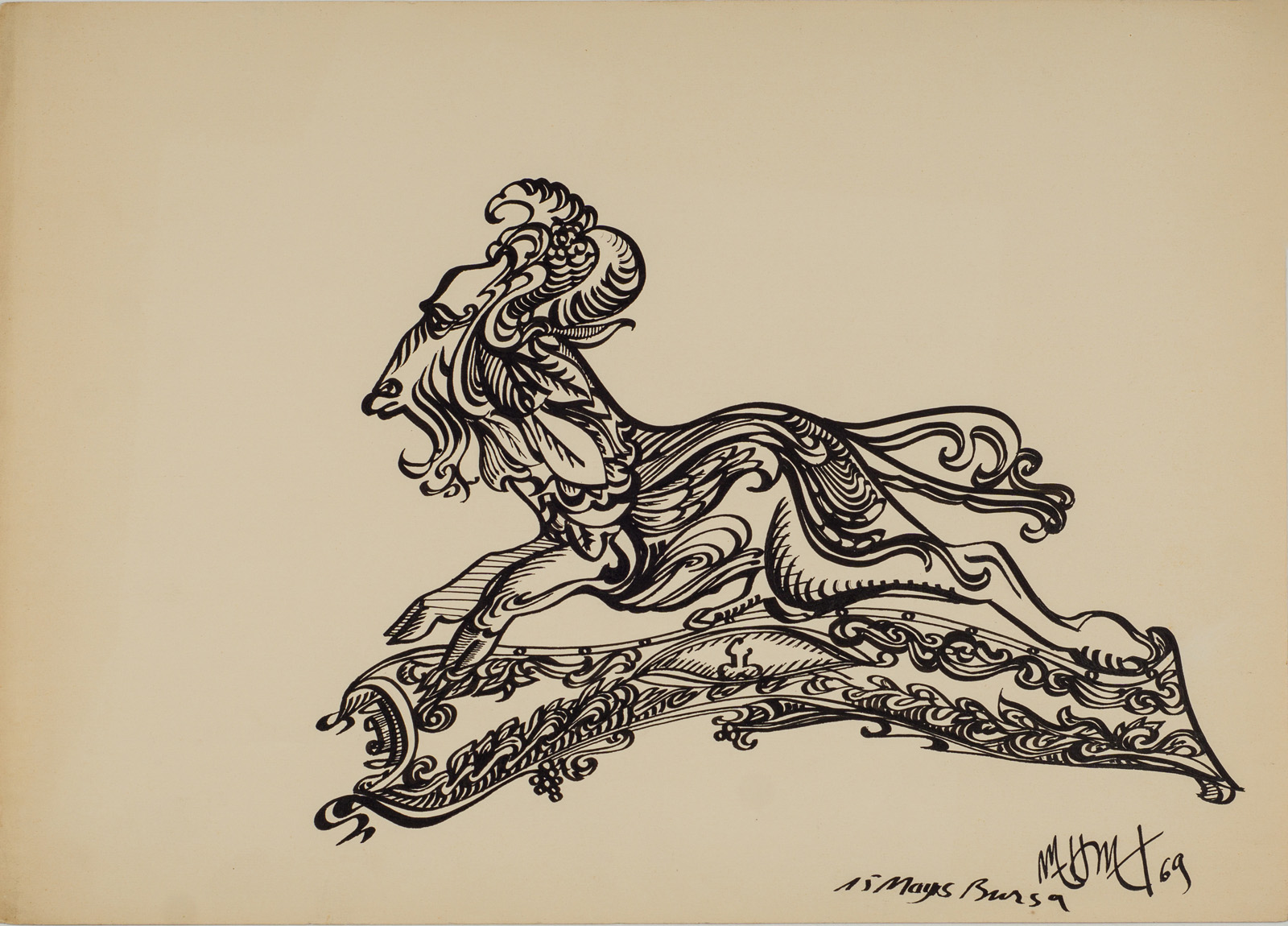 &15 May 1969 Bursa&, 1969, Kağıt üzerine çini, bambu kalem, 25 x 36 cm