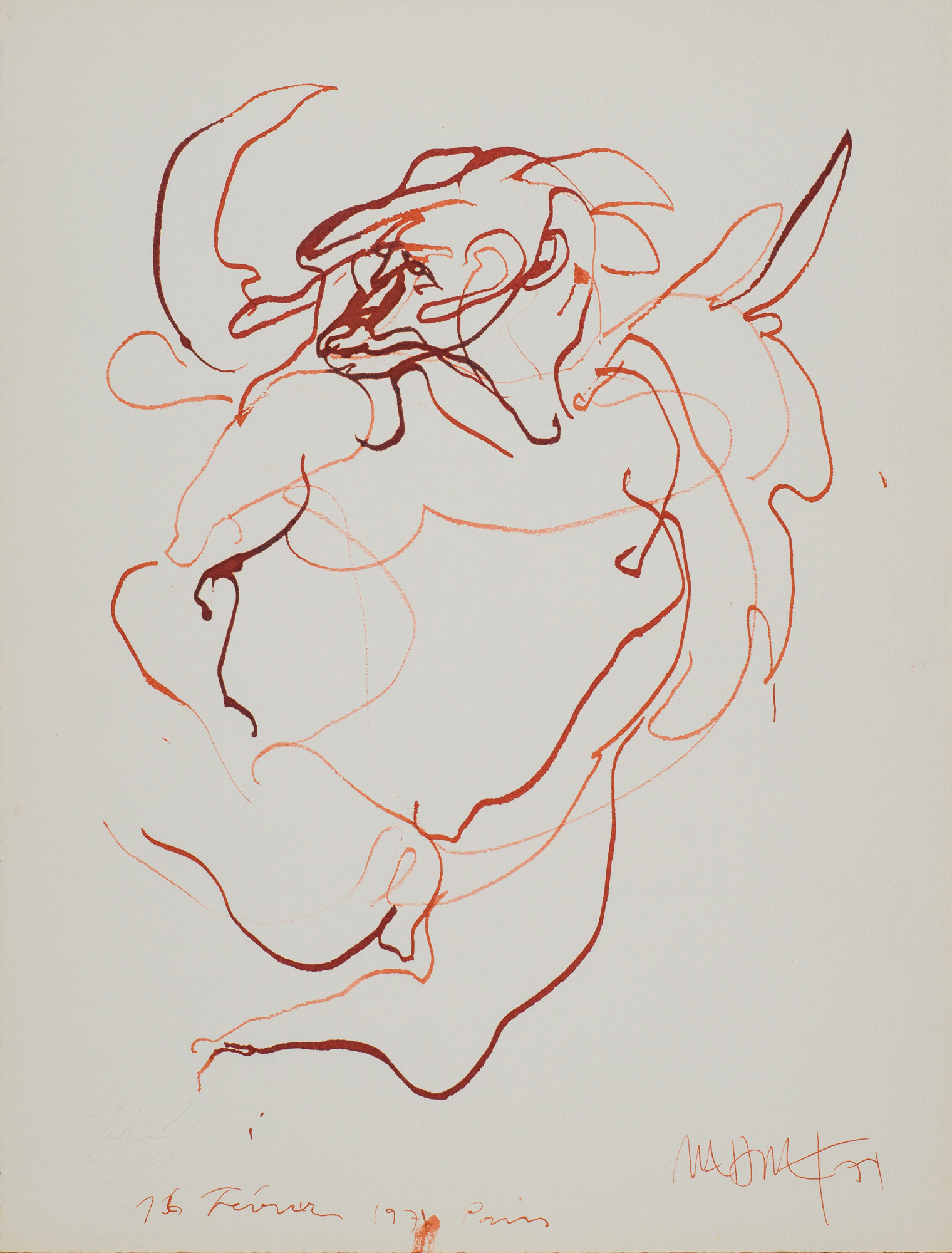 &Bélles et Bêtes&, 1971, Ingres kağıt üzerine tarama ucu, siyah çini mürekkebi, 32.5 x 25 cm