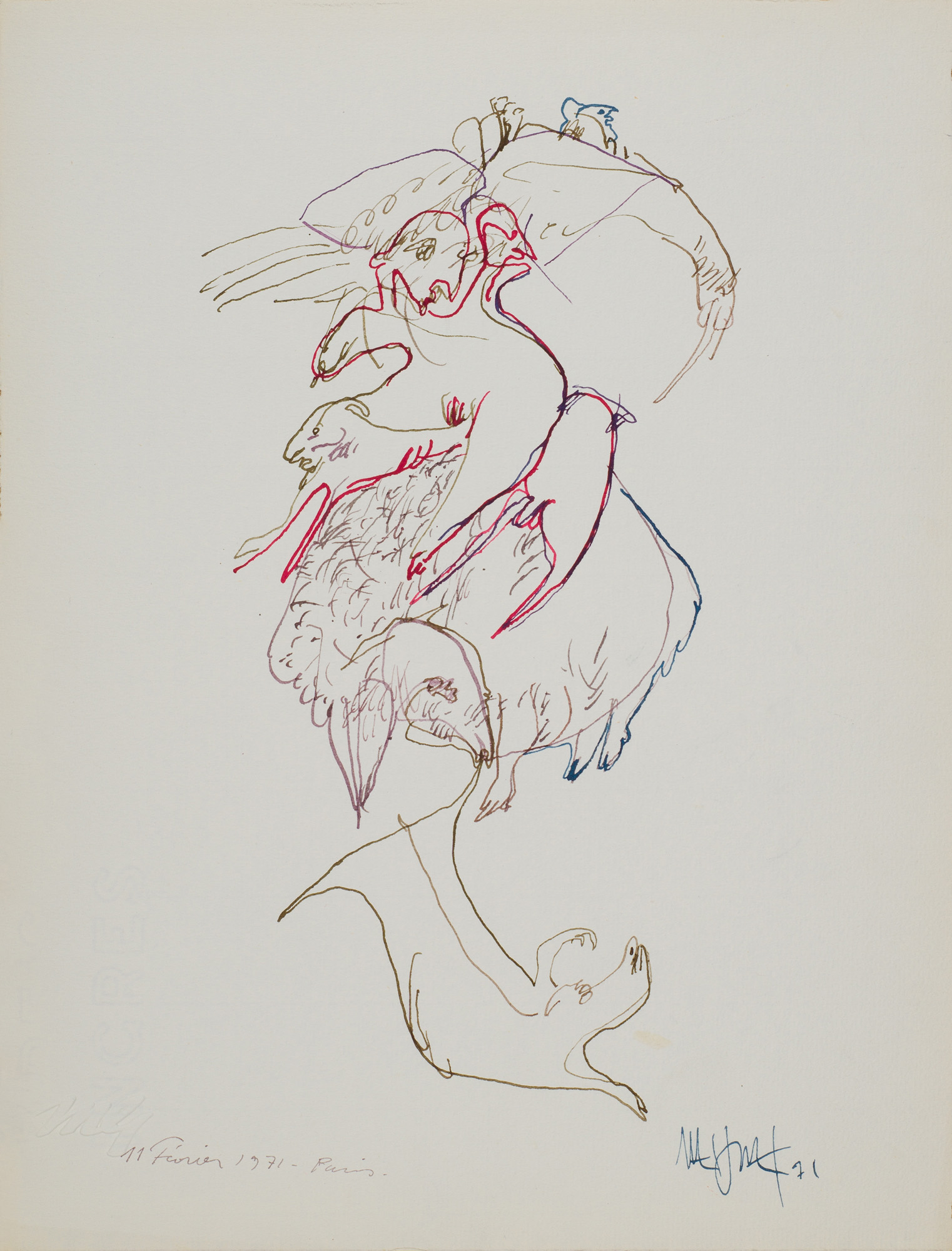 &Bélles et Bêtes&, 1971, Ingres kağıt üzerine tarama ucu, siyah çini mürekkebi, 32.5 x 25 cm