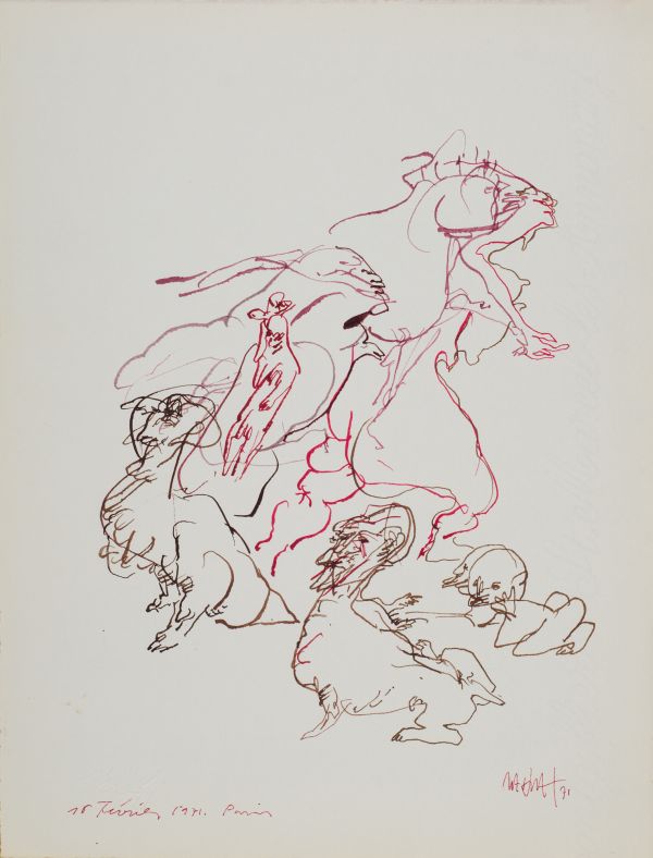 
                  Belles et Bêtes, 1971, Hatchpoint on Ingres paper, black India ink, 32.5 x 25 cm        