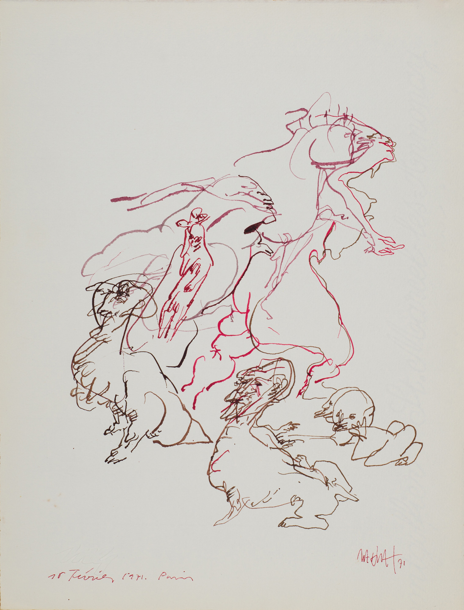 &Belles et Bêtes&, 1971, Ingres kağıt üzerine tarama ucu, siyah çini mürekkebi, 32.5 x 25 cm