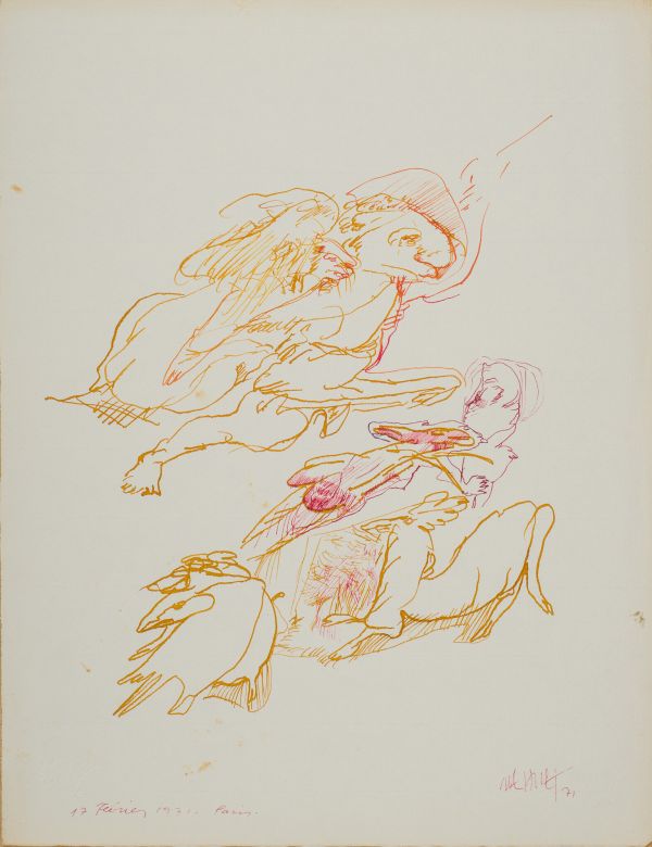 
                  Belles et Bêtes, 1971, Hatchpoint on Ingres paper, black India ink, 32.5 x 25 cm        