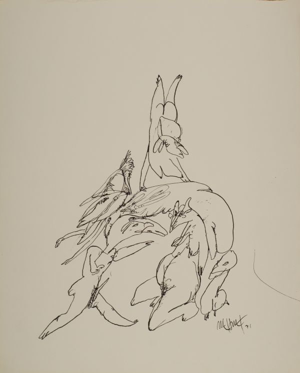 
                  Bélles et Bêtes, 1971, Hatchpoint on paper, black indian ink, 41 x 33 cm        