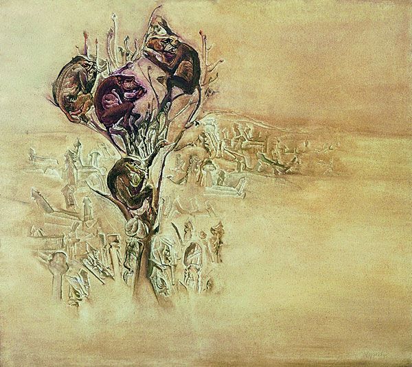 
                  Monkeys in Cemetery, 1975, Oil on canvas, 90 x 100 cm        