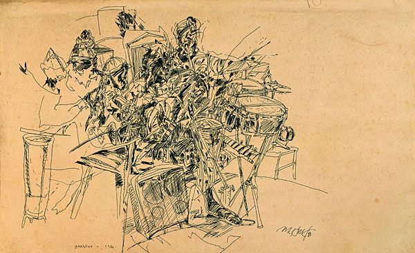 
                  Jazz "Amon Ra", 1980, Fabric paint on coton canvas, 86 x 135 cm        