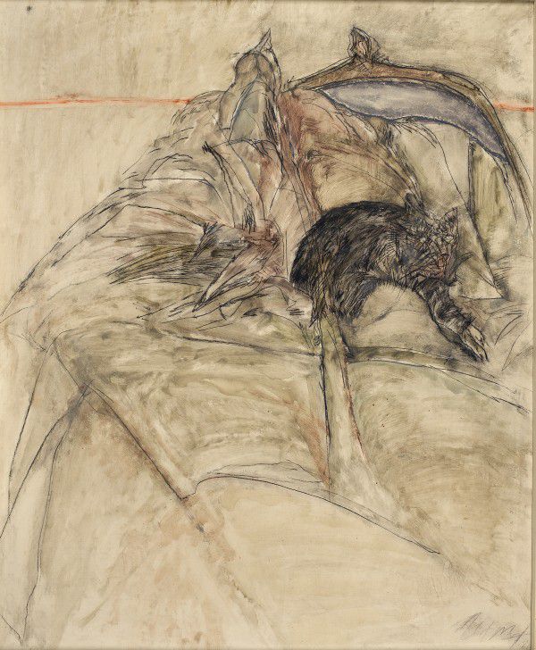 
                  Cat On The Bed, 1980, Mixed media on paper, 104 x 85 cm        