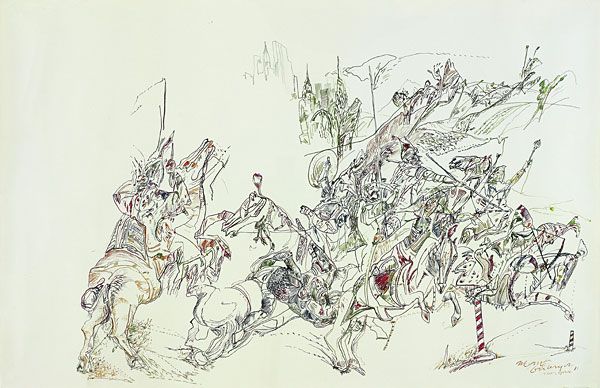 
                  Cavalry at Central Park, 1981, Colored ink on paper, 66 x 102 cm        