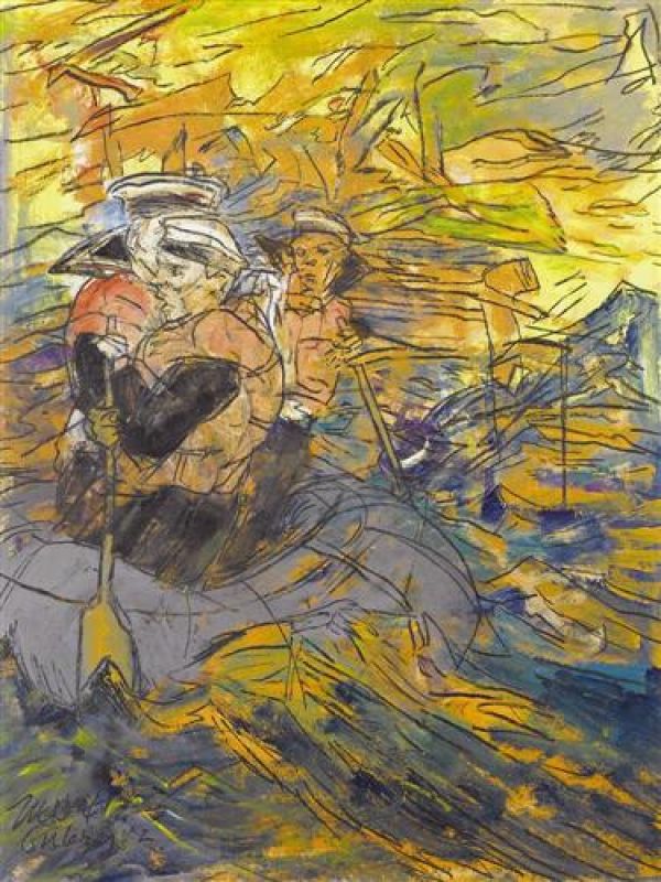 
                Kürek Çekenler, 2000, Tual üzerine kraft marufle, akrilik, 70 x 56 cm