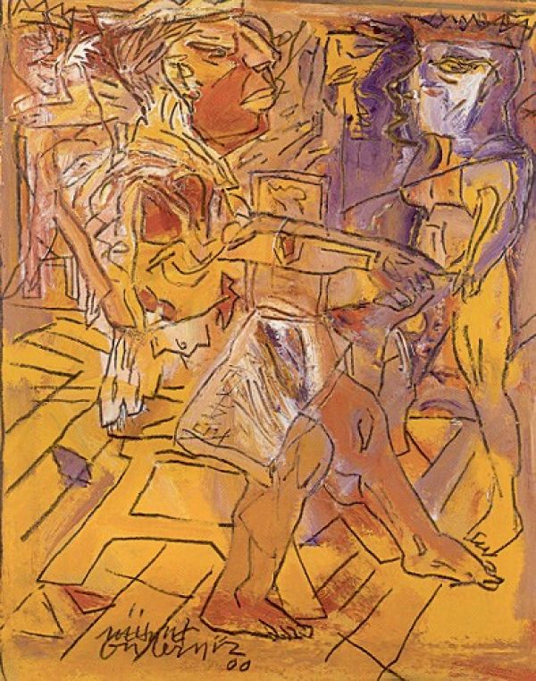 
                Kral ve Kraliçe, 2000, Tual üzerine kraft marufle, akrilik, 70 x 56 cm