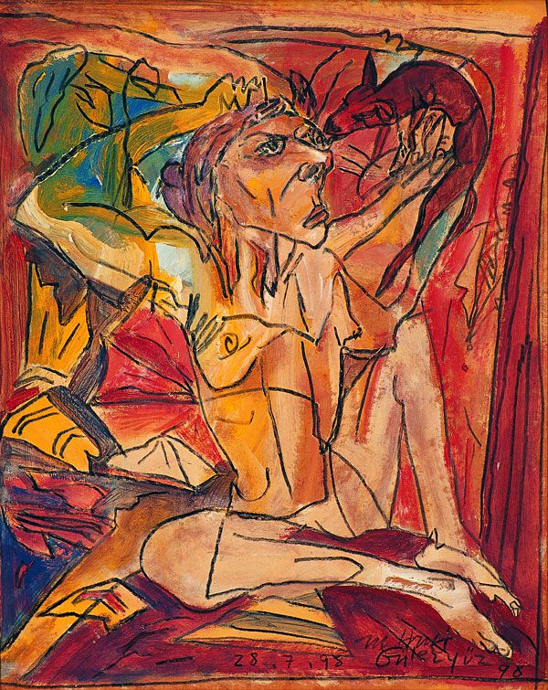 
                  Woman with dog, 1998, Acrylic on maruflage craft paper, 76 x 60 cm        