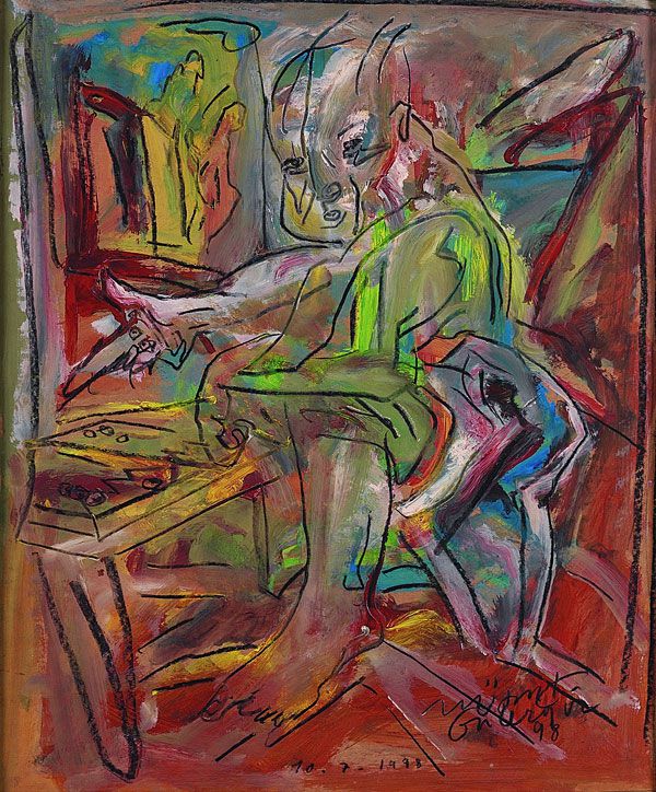 
                  Backgammon, 1998, Acrylic on maruflage craft paper, 76 x 60 cm        