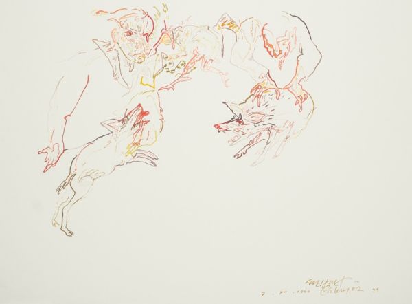 
                  Köpek Döğüşü , 7.XII.1999, 1999, Ecoline on paper, 76,5 x 56,5 cm        