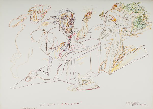 
                  Ne Adına ? Elim Yandı !, 2002, Ecoline on paper, 56 x 76 cm        