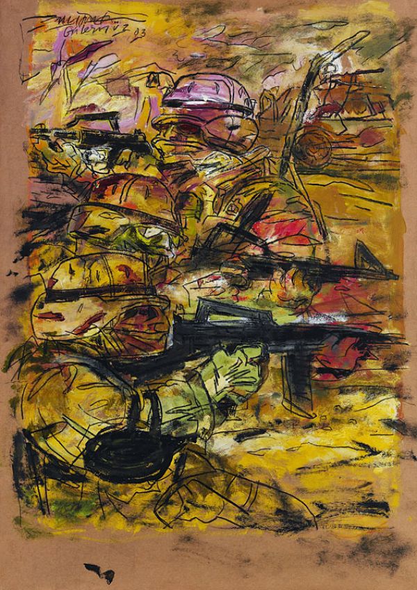 
                  Savers, 2003, Acrylic on craft paper and pen, 138 x 98 cm        