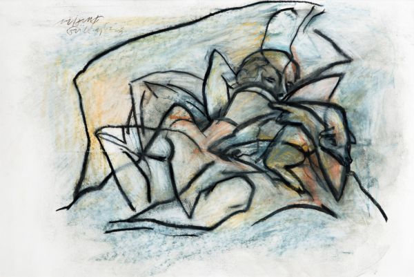 
                  Reading, 2005, Mixed media on paper, 45 x 67 cm        