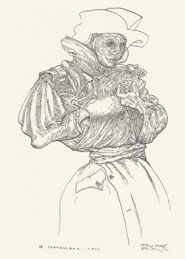 
                  Parade, 2012, Colored ecoline on handmade paper, 21 x 15 cm        