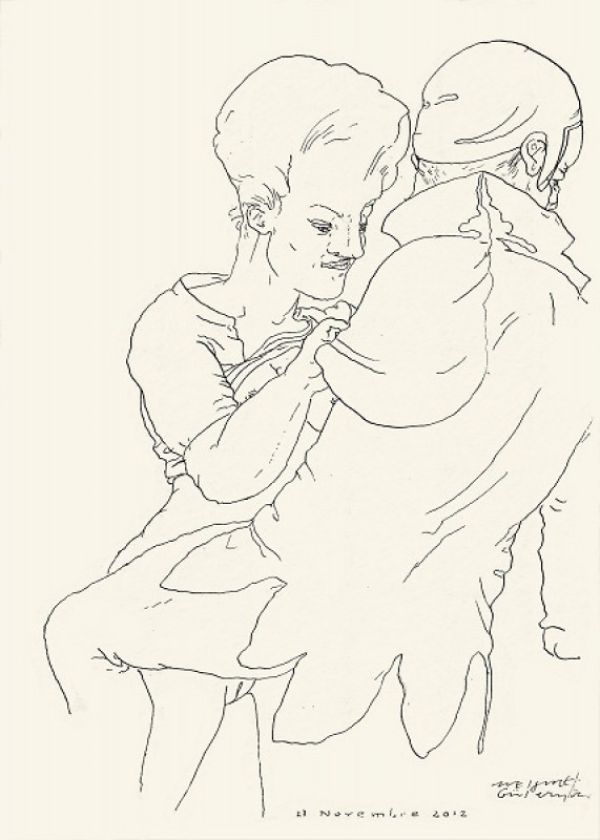 
                  Parade, 2012, Colored ecoline on handmade paper, 21 x 15 cm        