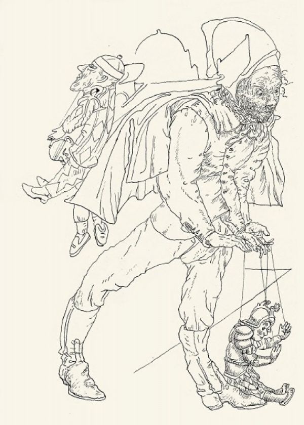 
                  Parade, 2012, Colored ecoline on handmade paper, 21 x 15 cm        