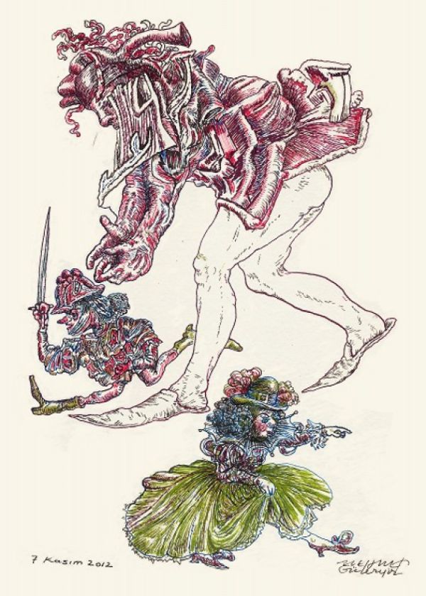 
                  Parade, 2012, Colored ecoline on handmade paper, 21 x 15 cm        