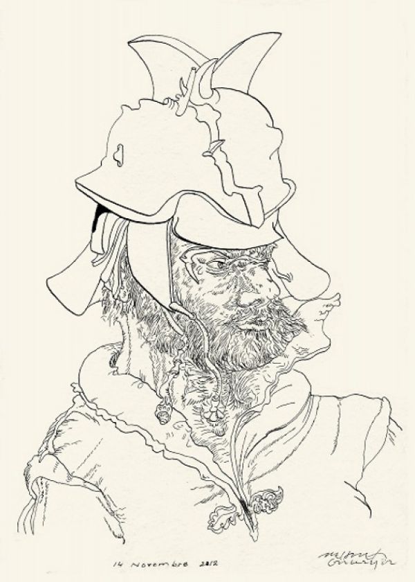 
                  Parade, 2012, Colored ecoline on handmade paper, 21 x 15 cm        