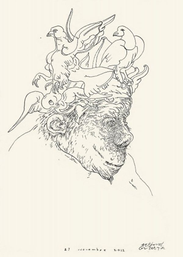 
                  Parade, 2012, Colored ecoline on handmade paper, 21 x 15 cm        