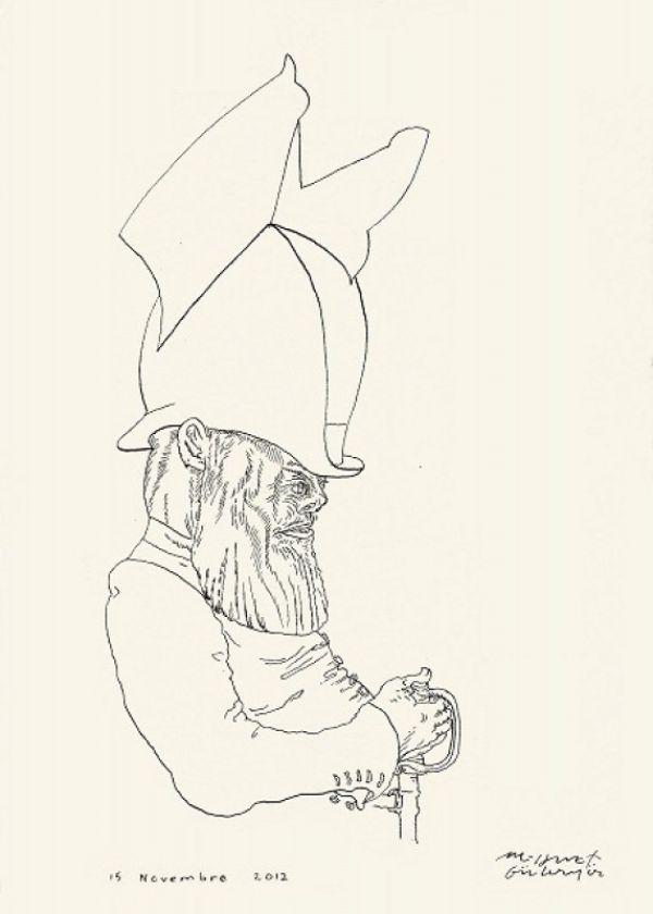 
                  Parade, 2012, Colored ecoline on handmade paper, 21 x 15 cm        