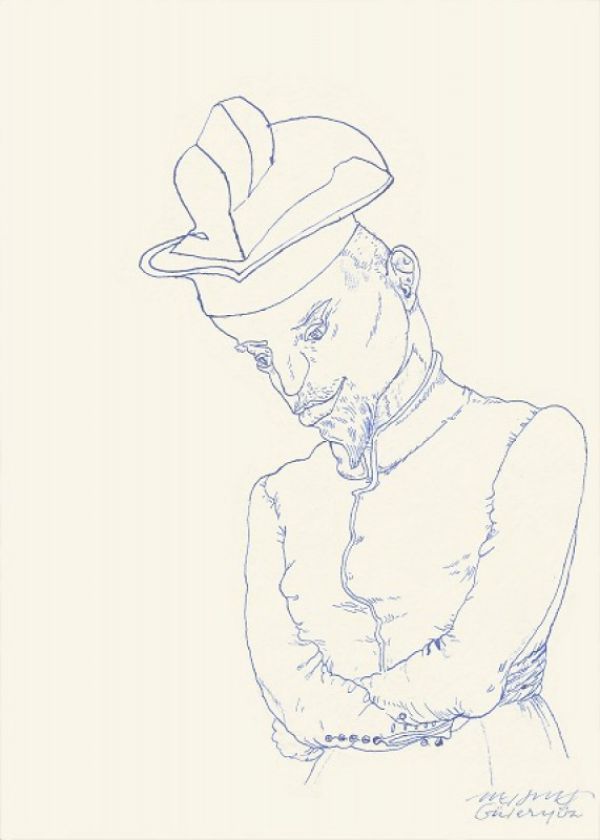 
                  Parade, 2012, Colored ecoline on handmade paper, 21 x 15 cm        