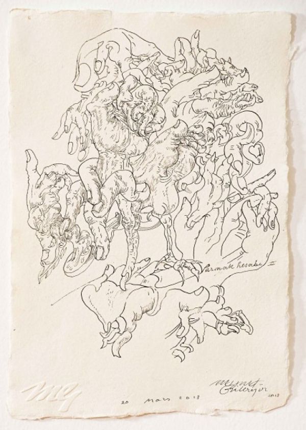 
                  Finger Account, 2013, Colored ecoline on handmade paper, 21 x 15 cm        