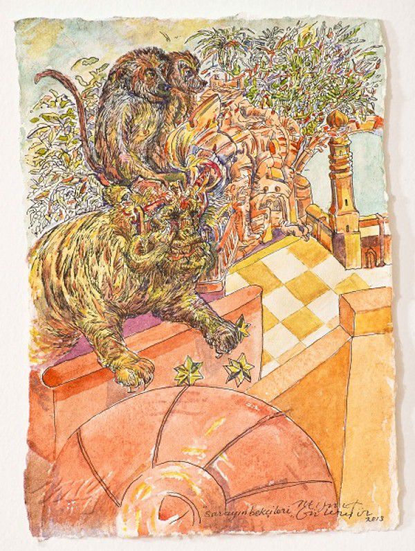 
                  Guardians of the Palace, 2013, Colored ecoline on handmade paper, 21 x 15 cm        