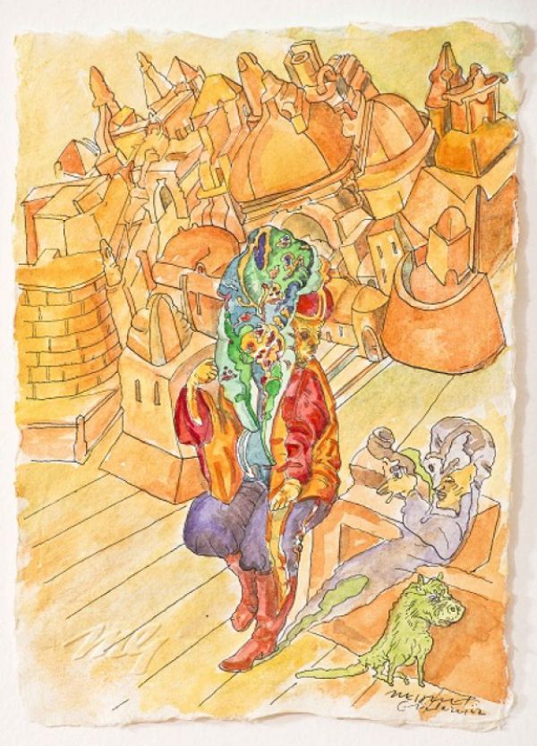 
                  Untitled, 2013, Colored ecoline on handmade paper, 21 x 15 cm        