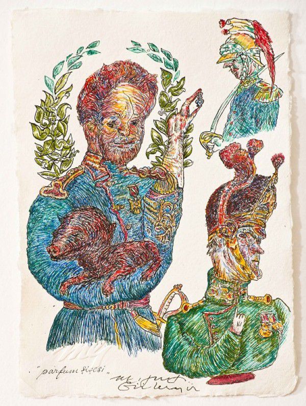 
                  Perfume Bottles, 2013, Colored ecoline on handmade paper, 21 x 15 cm        