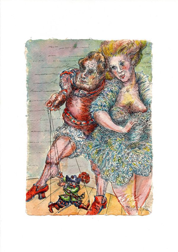 
                  Charenton Puppet - Sade, 2013, Watercolor on handmade paper, india ink, 20,5 x 15 cm        