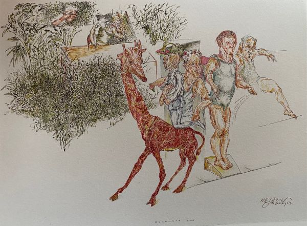 
                  Giraffe and the Swimmers, 2013, Ecoline on paper, 57 x 77 cm        