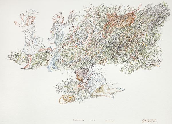 
                  Le Jardin des Plaintes / Dessin 58 / Le Chat Sauvage -  Février 2018  Paris, 2018, Ecoline on Arches paper, 57 x 76 cm        